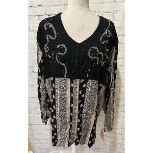 Vintage Rosey Tomato Beaded Top Black And Cream Rayon NWT Plus Size 24